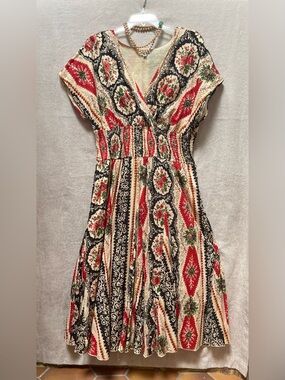 J. Peterman Red, Black and Cream Floral Patchwork Midi Dress